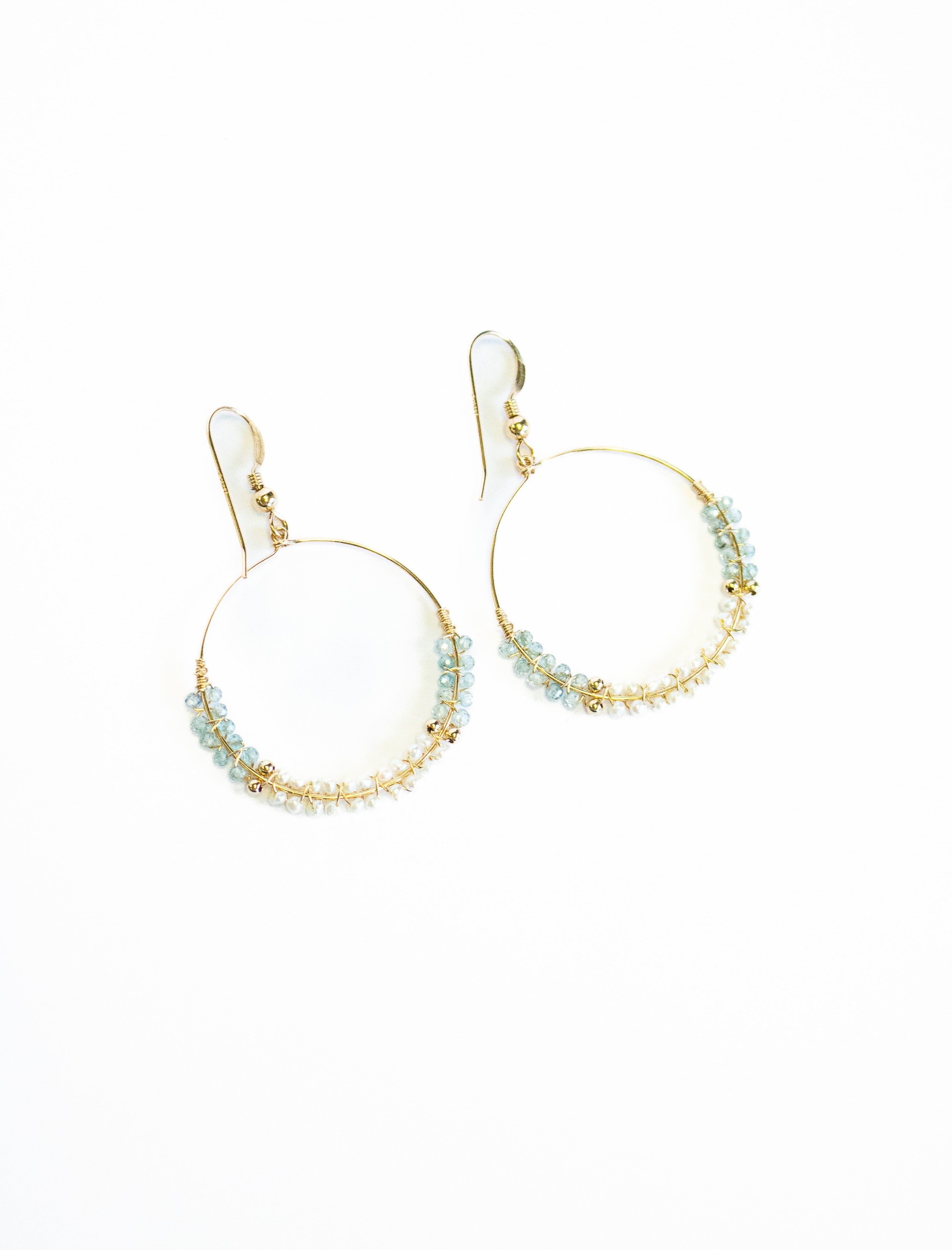 Blue Zircon & Pearl Hoop Earrings by Julia Balestracci