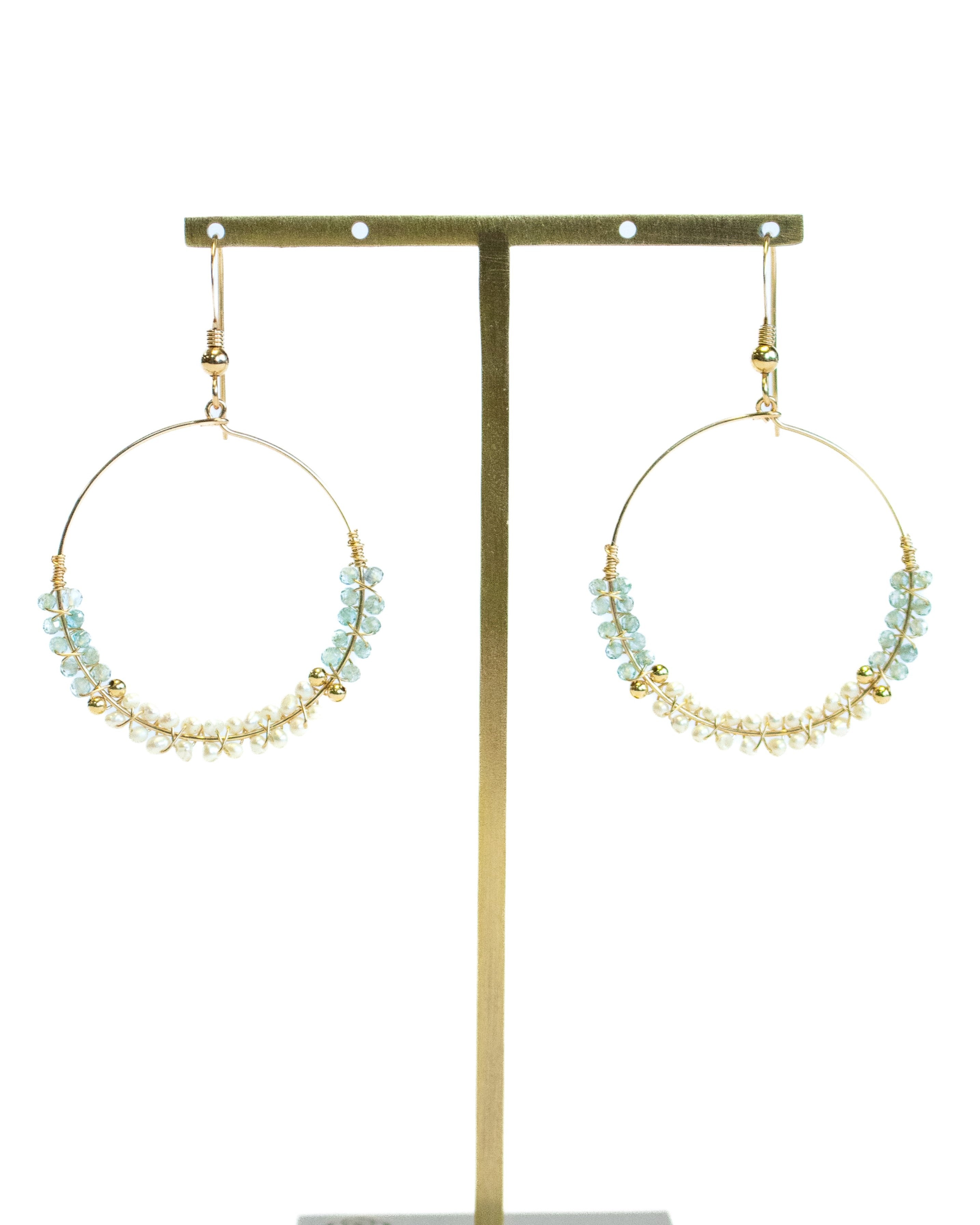 Blue Zircon & Pearl Hoop Earrings by Julia Balestracci