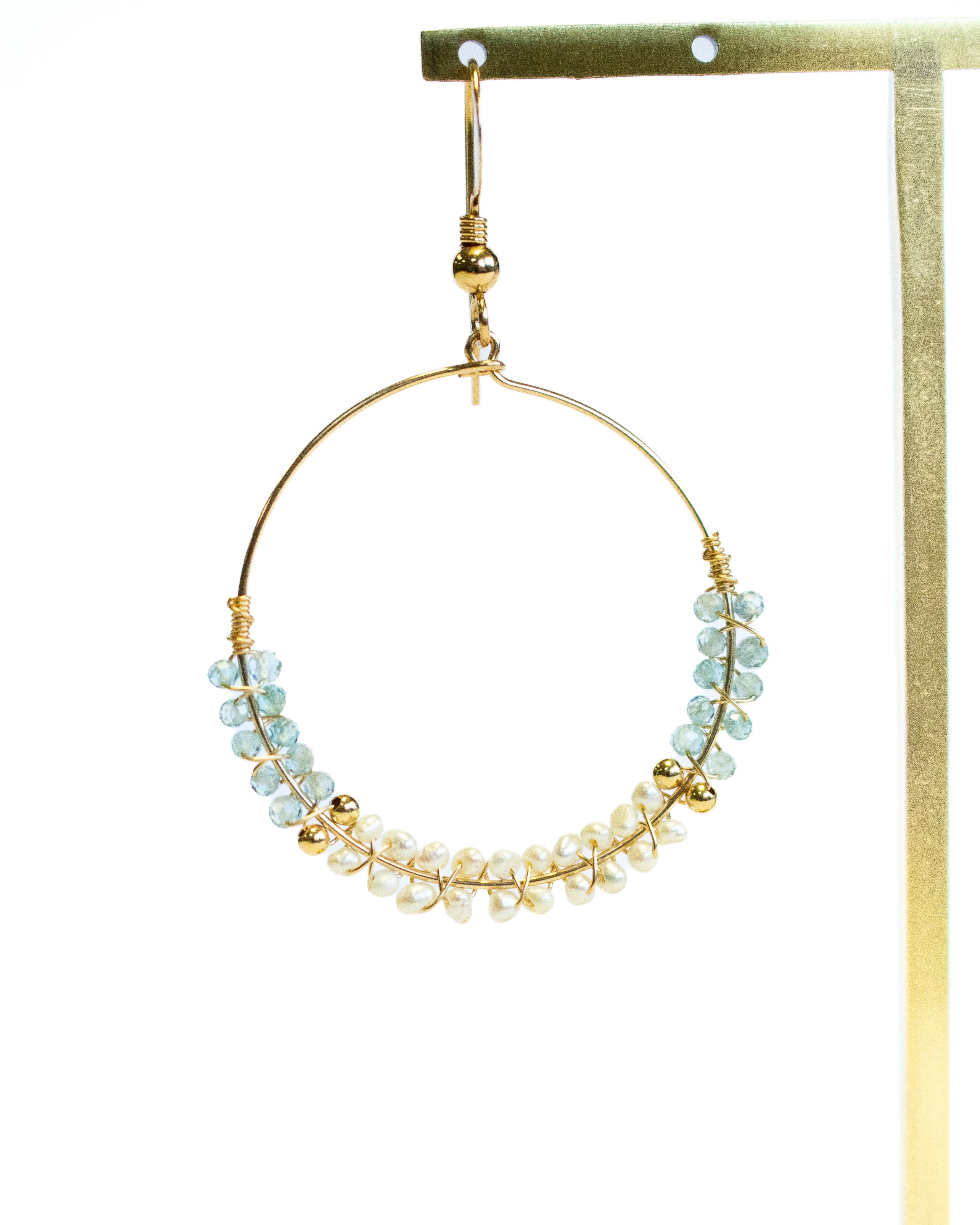 Blue Zircon & Pearl Hoop Earrings by Julia Balestracci